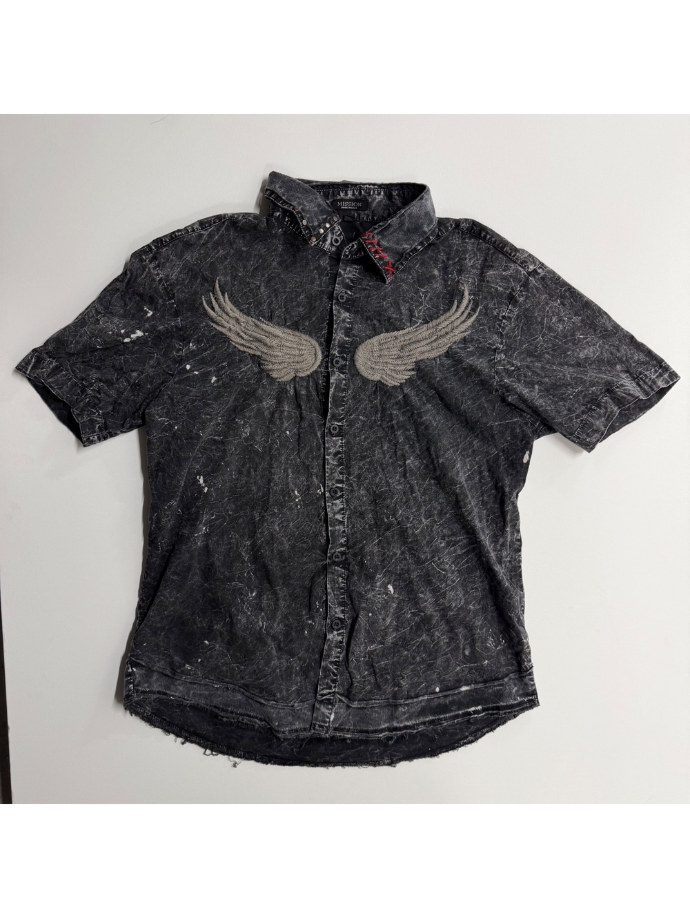 Mission Men's Black Distressed Button-Up Shirt with Wing Design